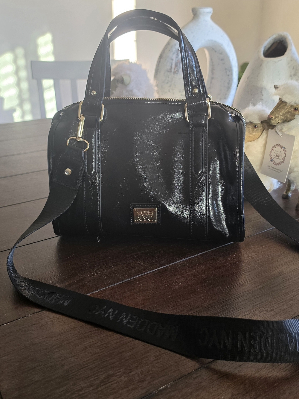 Madden NYC Black Patent Satchel with Detachable Webbed Strap